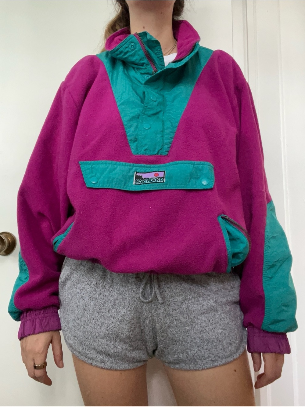 Fuchsia & Teal Pullover Fleece 80s style Hoodie
